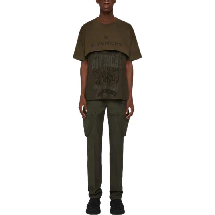 Lookbook GIVENCHY FW22  Green Layered Logo Print Casual Short Sleeve T-Shirt. BM71FF3Y8V-309