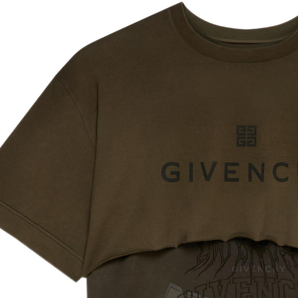 Details for GIVENCHY FW22  Green Layered Logo Print Casual Short Sleeve T-Shirt. BM71FF3Y8V-309