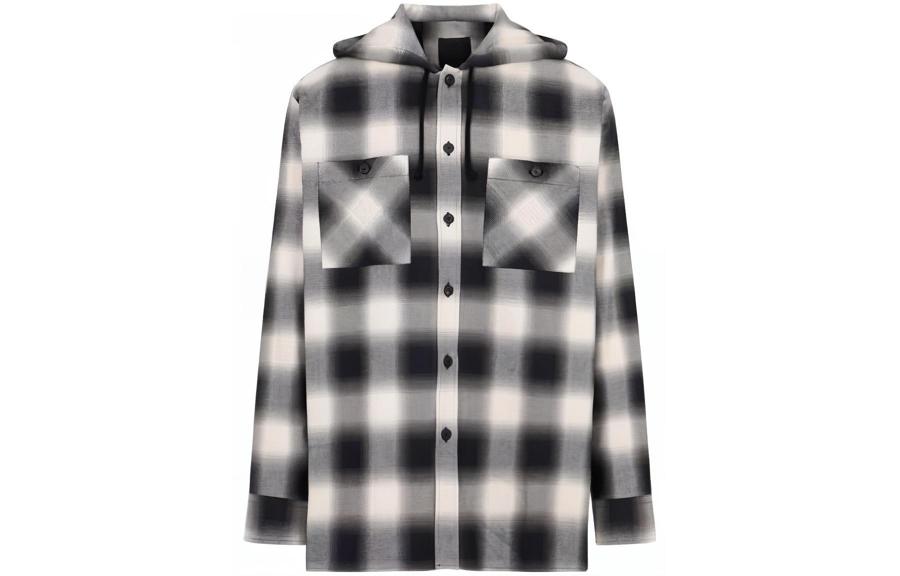Givenchy FW23  Black Checkered Hooded Button-Up Long Sleeve Shirt BM60X-C14UT-156
