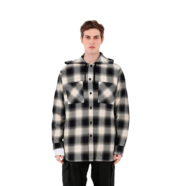 Shop Givenchy FW23 Kemeja Hitam Kotak-Kotak Lengan Panjang dengan Hoodie dan Kancing BM60X-C14UT-156