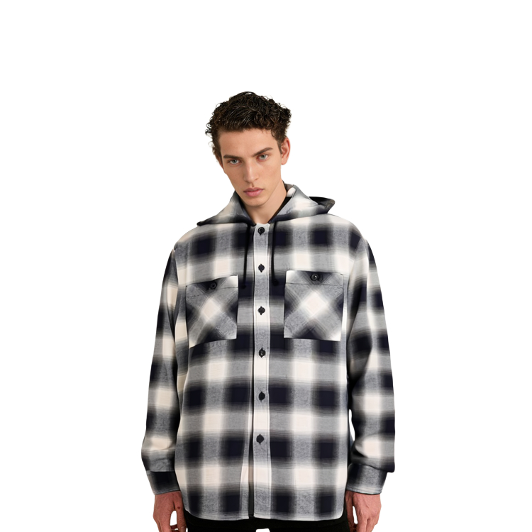 Purchase Givenchy FW23 Kemeja Hitam Kotak-Kotak Lengan Panjang dengan Hoodie dan Kancing BM60X-C14UT-156