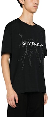 지방시 FW23 블랙 라이트닝 로고 프린트 크루넥 티셔츠. BM71JB3YJ9-001 Details for 지방시 FW23 블랙 라이트닝 로고 프린트 크루넥 티셔츠. BM71JB3YJ9-001