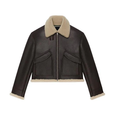 GIVENCHY FW23 Brown Leather Jacket with Shearling Collar and Zipper Pockets BM014361FL-201