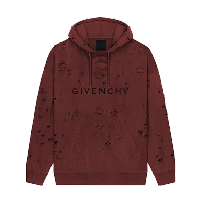 Givenchy FW23 Red Destroyed Fleece Hoodie with Logo Print. BMJ0KF3YGT-601