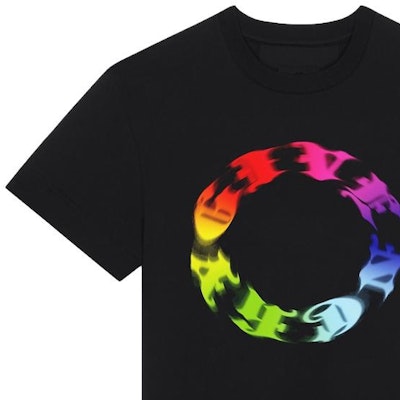 지방시 FW23 블랙 레인보우 로고 프린트 남성 반팔 티셔츠. BM716N3YFR-001 Sizing 지방시 FW23 블랙 레인보우 로고 프린트 남성 반팔 티셔츠. BM716N3YFR-001