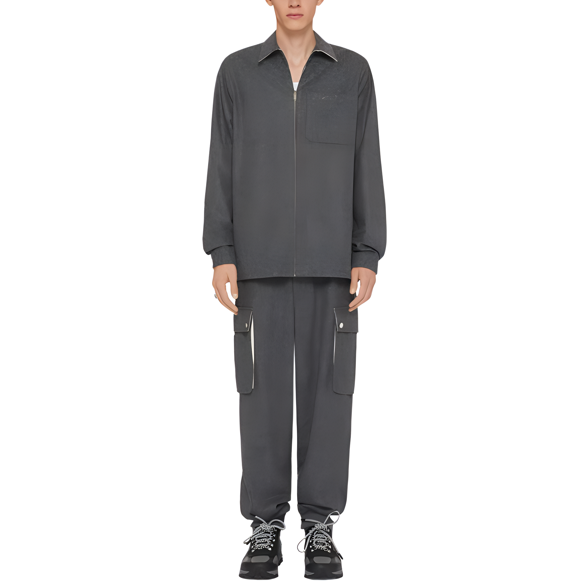 Lookbook GIVENCHY FW24 Baju Kelabu Lengan Panjang dengan Zip. BM612X15GW-030