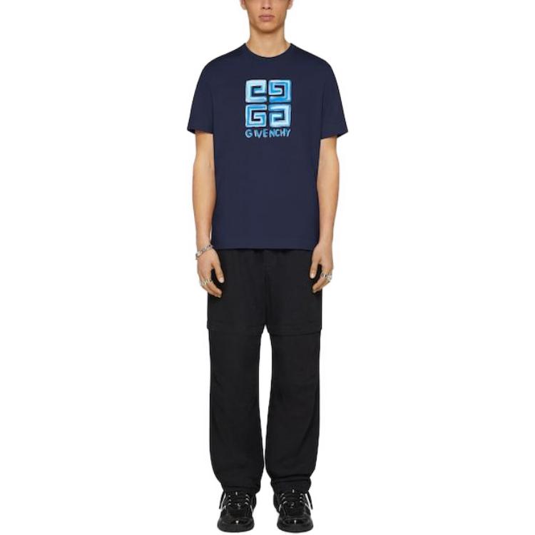 Shop GIVENCHY 字母印花海軍藍寬版T恤 SS23系列 BM716G3YCT-410
