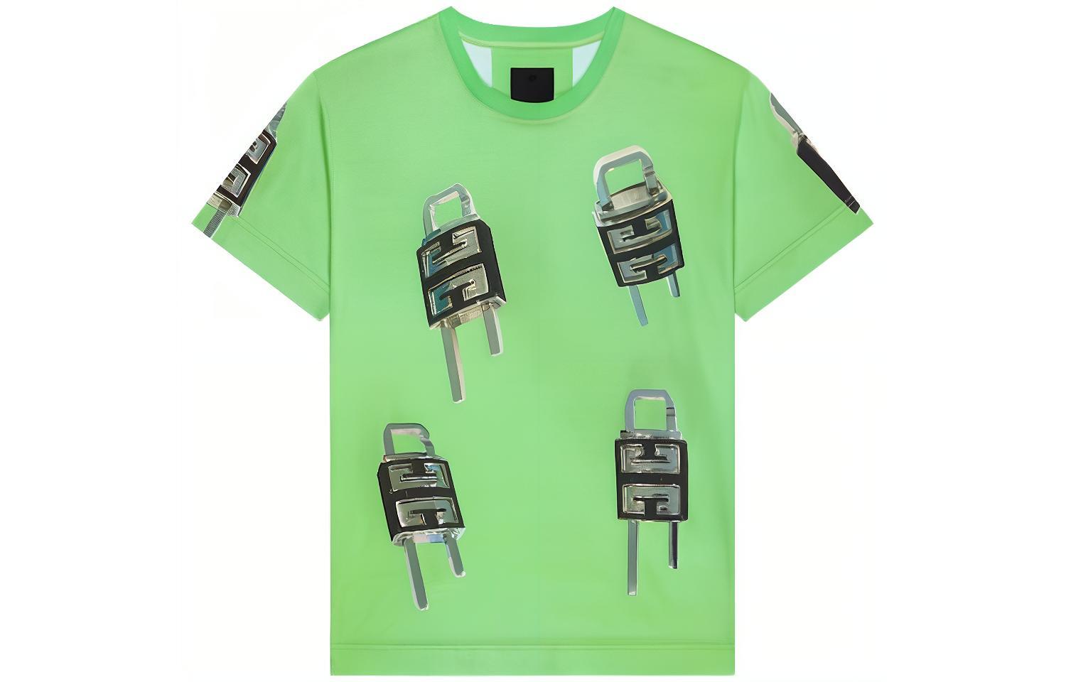 GIVENCHY Lock Motif Crewneck Casual T-Shirt SS23  Green. BM716N3YBC-322