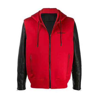 Givenchy Logo Embroidered Colorblock Leather Sleeve Hoodie Jacket BM00EQ6Y06-606