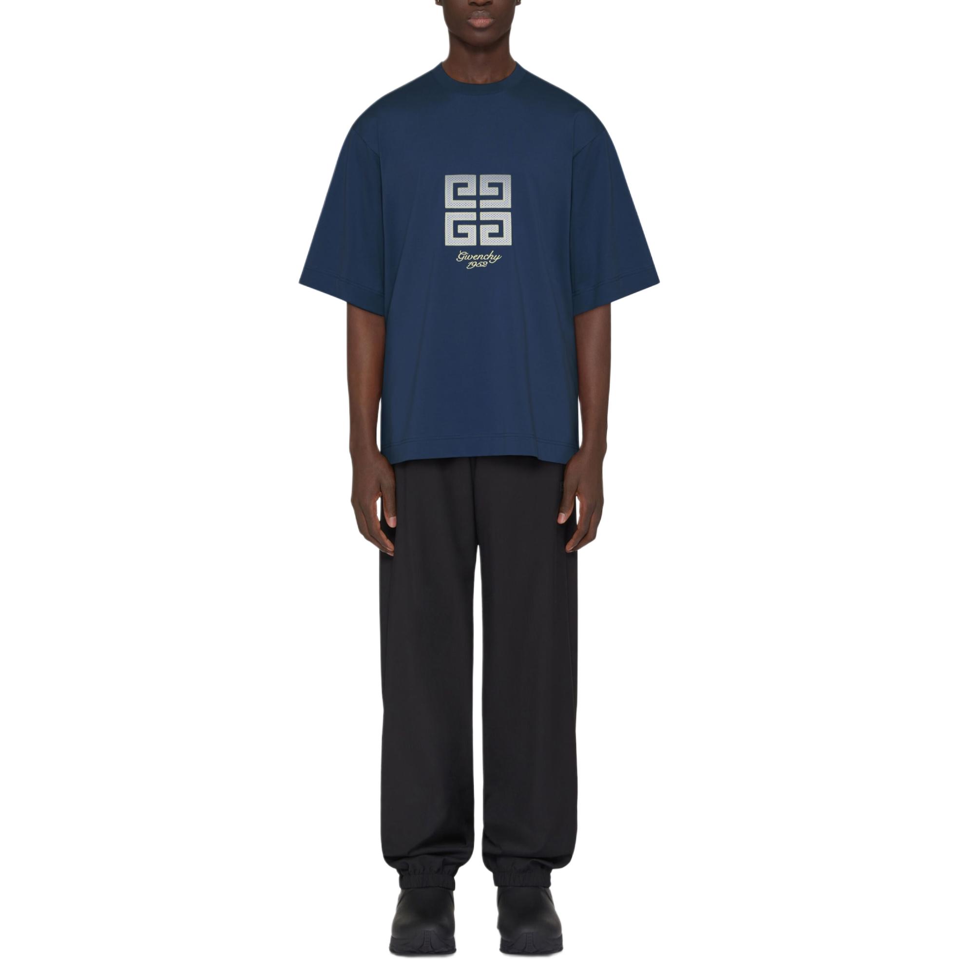 Lookbook 紀梵希 藍色短袖圓領印花男士T恤 BM712H3YMV-420