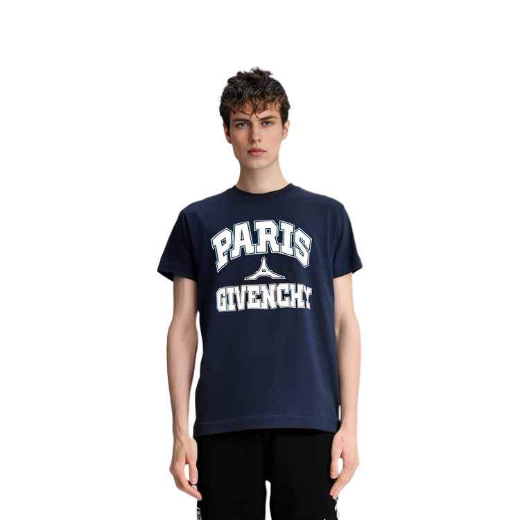 Shop ジバンシィ メンズ ブルー ロゴ レタープリント クルーネック カジュアル Tシャツ BM716N3YE3-499