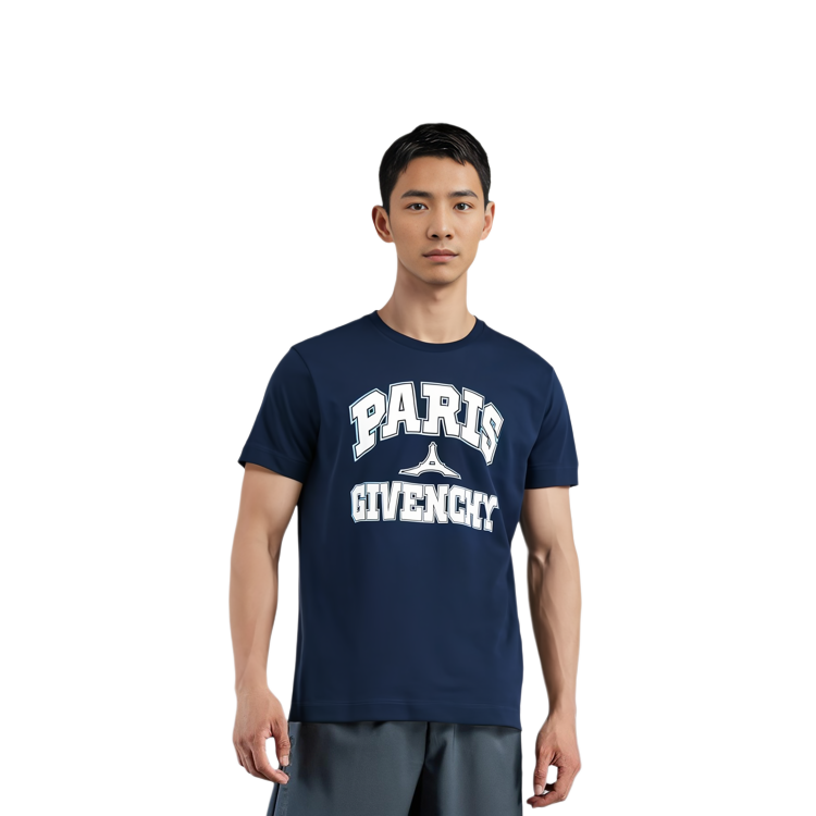 Sizing ジバンシィ メンズ ブルー ロゴ レタープリント クルーネック カジュアル Tシャツ BM716N3YE3-499