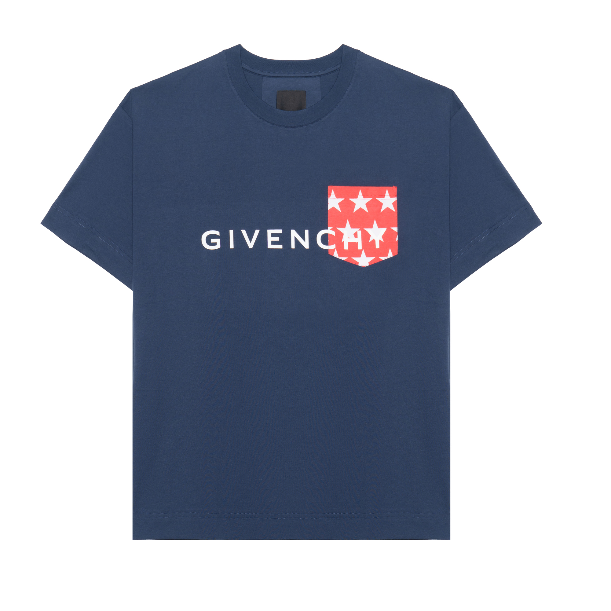 Givenchy Men’s Navy Blue Letter Print Pocket Crew Neck T-Shirt BM71J83YJL-402