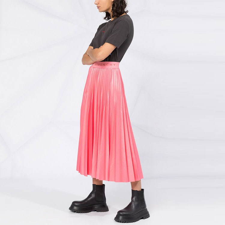 Shop ジバンシィ プリーツ ミッドライズスカート ロゴウエストバンド オレンジピンク BW40CT30GL-672