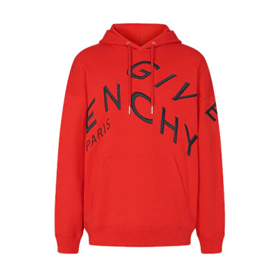 GIVENCHY Red Embroidered Logo Velvet Hoodie. BMJ07G30AF-606