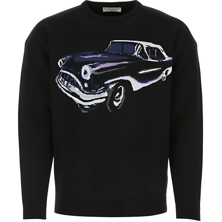GIVENCHY SS21 Black Crewneck Wool Sweater with Car Graphic Print BM90F94Y7J-001