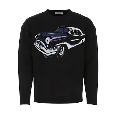 GIVENCHY SS21 Black Crewneck Wool Sweater with Car Graphic Print BM90F94Y7J-001