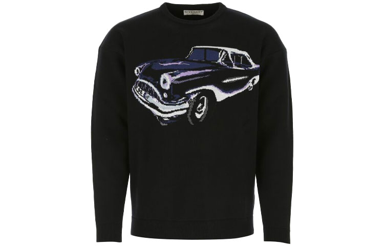 Order GIVENCHY SS21 Baju Sejuk Hitam Crewneck Wool dengan Cetakan Grafik Kereta BM90F94Y7J-001