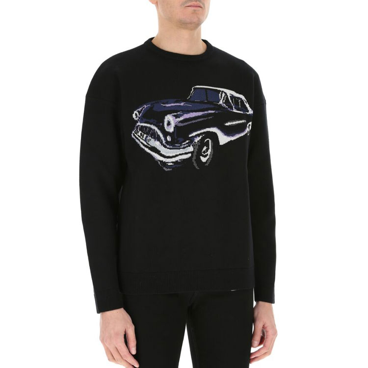 Shop GIVENCHY SS21 Baju Sejuk Hitam Crewneck Wool dengan Cetakan Grafik Kereta BM90F94Y7J-001