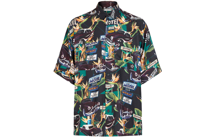 Givenchy SS21 Car Floral Print Silk Short Sleeve Shirt Multicolor BM60NT13K4-013
