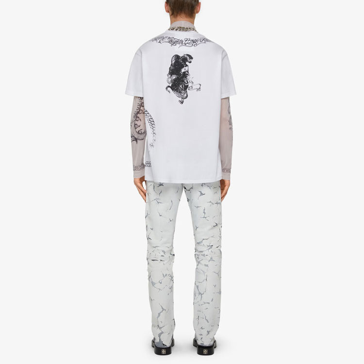 Shop GIVENCHY SS21 Jeans Denim Putih dengan Desain Cat Retak dan Ritsleting. BM50SU50M6-100