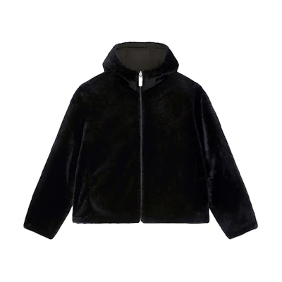 Givenchy SS22 Black Faux Fur Hooded Jacket with Solid Logo Design BM00V61447-001