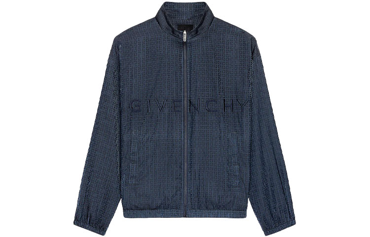 Givenchy SS22 Blue Embroidered Lettering High Collar Zip Jacket for Men BM00RN140E-403