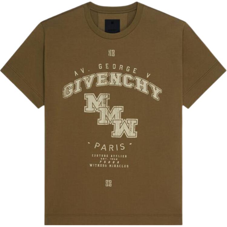 Givenchy SS22 Logo Print Olive Green Crewneck T-Shirt for Men. BM71993Y6B-306
