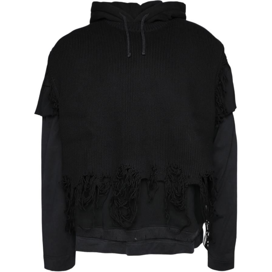 GIVENCHY SS23  Black Distressed Solid Color Hoodie. BM90ME4YDY-011