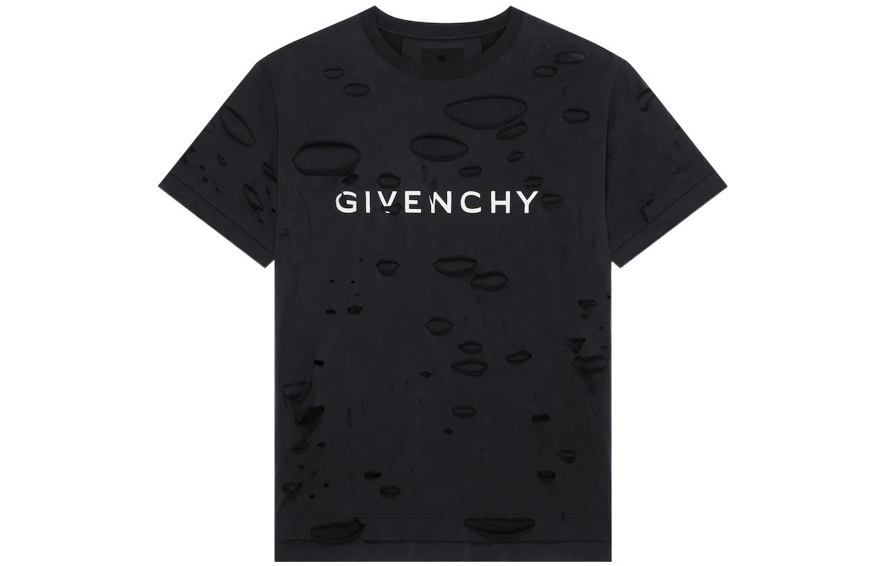 Order Givenchy SS23 Kaos Hitam Distressed dengan Cetakan Logo Huruf. BM71G13Y9W-011