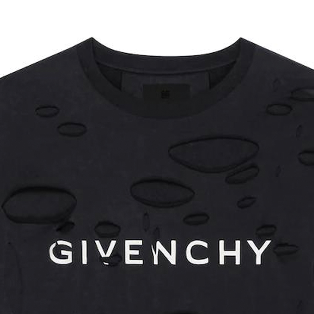Details for Givenchy SS23 Kaos Hitam Distressed dengan Cetakan Logo Huruf. BM71G13Y9W-011