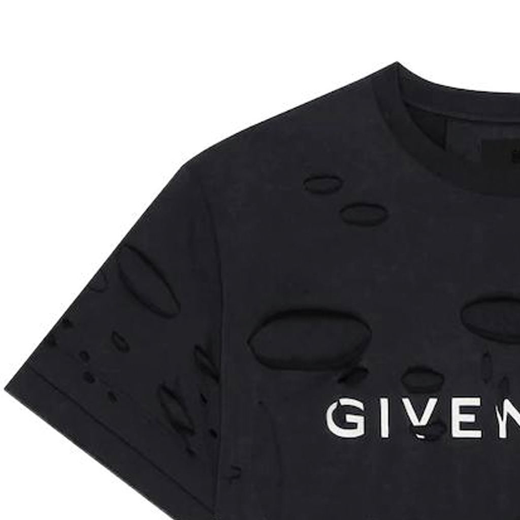 Sizing Givenchy SS23 Kaos Hitam Distressed dengan Cetakan Logo Huruf. BM71G13Y9W-011