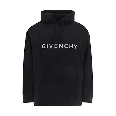 Givenchy SS23 Black Hoodie with Logo Print and Kangaroo Pocket. BMJ0HC3YCA-001