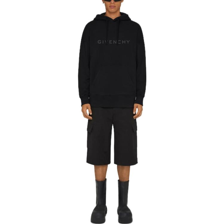 Shop Givenchy SS23 黑色連帽衫附Logo印花與袋鼠口袋 BMJ0HC3YCA-001