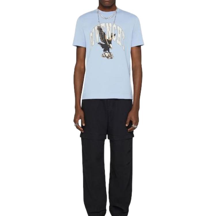 Lookbook 지방시 SS23 라이트 블루 애니멀 레터 프린트 크루넥 티셔츠. BM716G3YE5-452