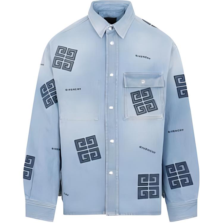 GIVENCHY SS23  Light Blue Long Sleeve Shirt with Logo Print and Pointed Collar BM60X05Y5V-452