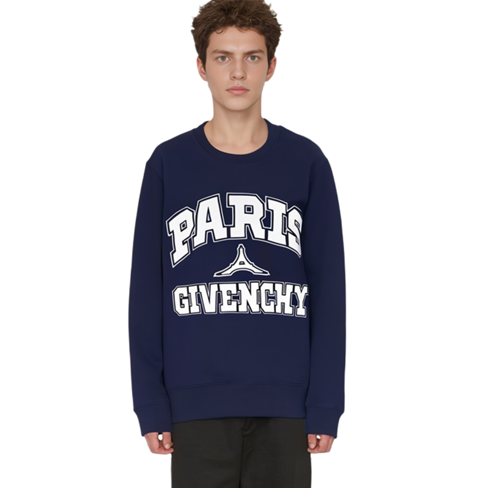 Shop GIVENCHY SS23 海軍藍字母印花套頭衫 BMJ0HA3YET-499