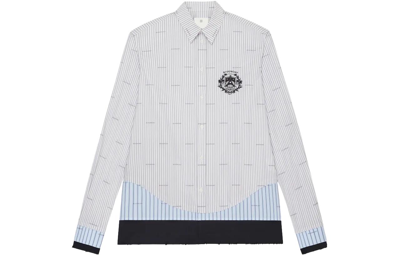 GIVENCHY SS23 Colorblock Stripe Logo Embroidery Long Sleeve Shirt Grey Men BM60WF14P5-020