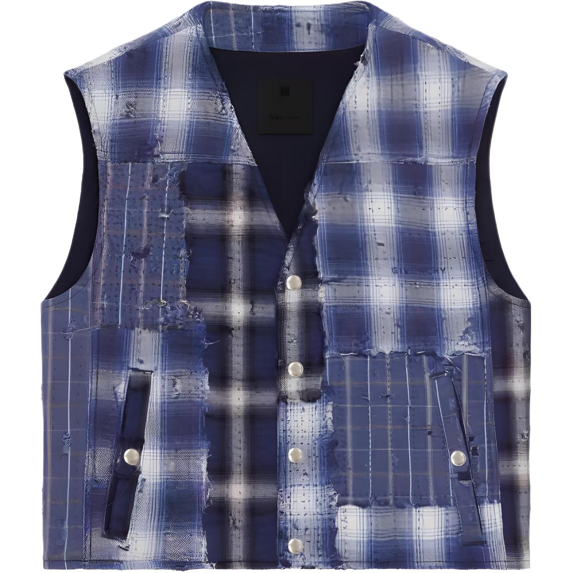 Givenchy SS23 Distressed Check Denim Jacket Men’s Blue BM014B5Y7F012