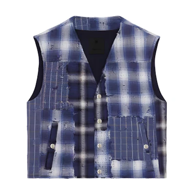 Givenchy SS23 Distressed Check Denim Jacket Men’s Blue BM014B5Y7F012