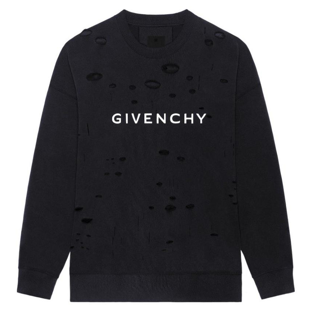 GIVENCHY SS23 Distressed Logo Print Black Pullover Sweatshirt . BMJ0KE3Y9W-011