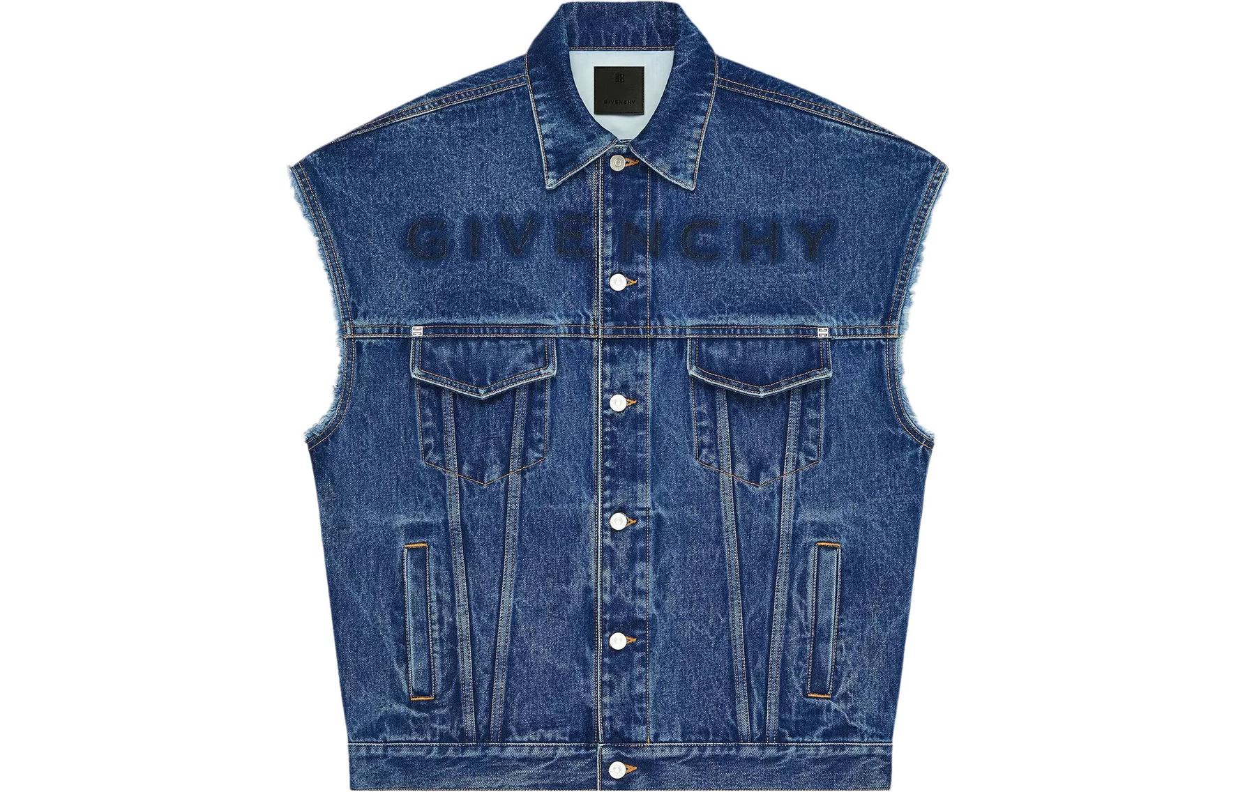 Order Givenchy SS23 Logo Huruf Pada Denim Vest Biru Unisex. BM01295Y4V-415