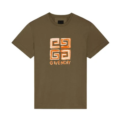 Givenchy SS23 Olive Graphic Print Logo T-Shirt Short Sleeve Crewneck. BM716G3YCT-305