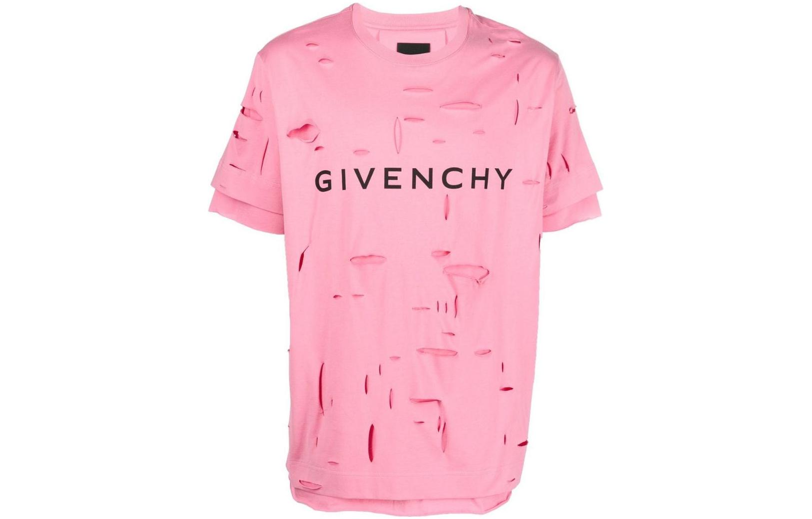 GIVENCHY SS23 Pink Logo Print Distressed Crewneck Short Sleeve T-Shirt Mens. BM71GL3Y9V-670