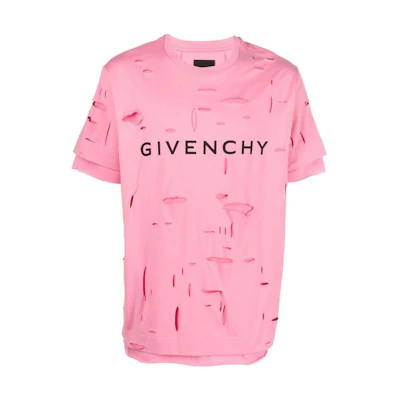 GIVENCHY SS23 Pink Logo Print Distressed Crewneck Short Sleeve T-Shirt Mens. BM71GL3Y9V-670