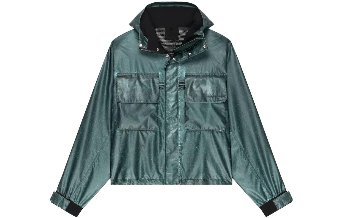 Givenchy SS23 Silver Green Logo Print Pocket Zip Hoodie Jacket BM012X14UE-040