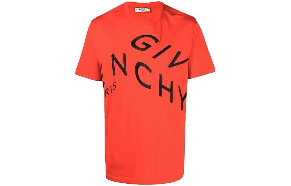 Order Givenchy SS23 Baju-T Oren Slim Fit Leher Bulat dengan Logo Sulaman BM70YC3002-606