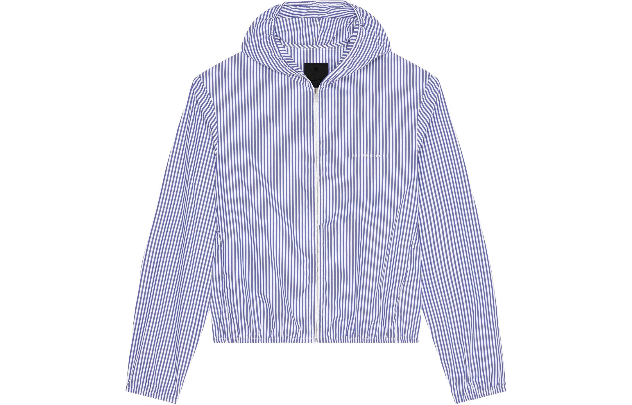 GIVENCHY SS24  Blue Striped Embroidered Letter Zip-Up Hoodie Jacket. BM016R15F1-400