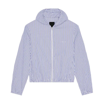 GIVENCHY SS24 Blue Striped Embroidered Letter Zip-Up Hoodie Jacket. BM016R15F1-400