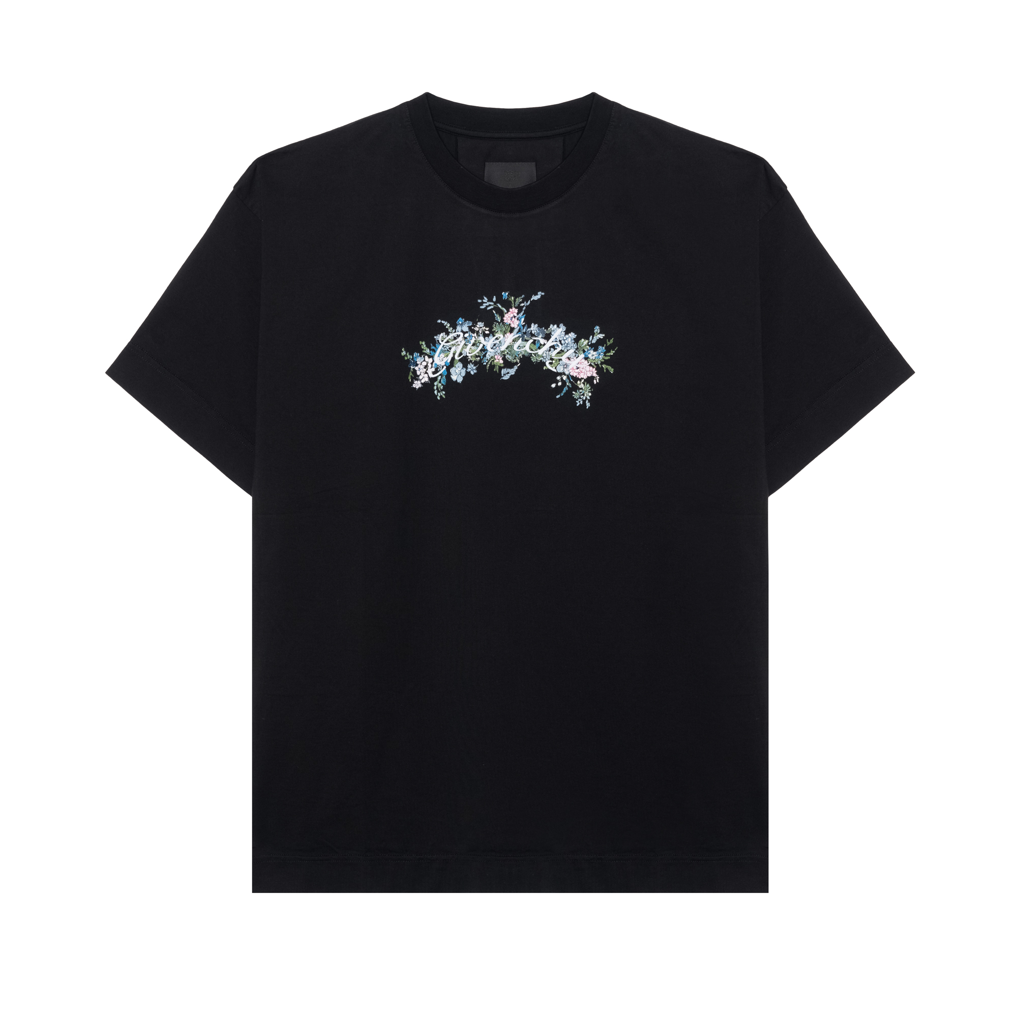 Givenchy SS24  Floral Letter Print Black Short Sleeve T-Shirt. BM71JA3YMU-001